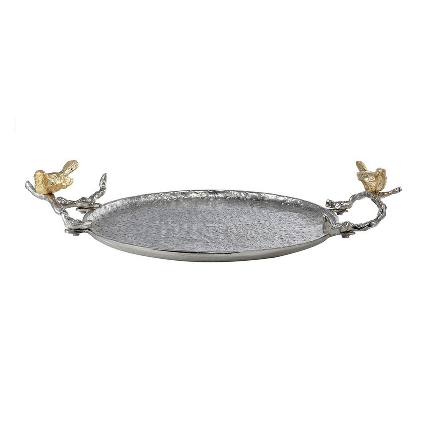 Benzara BM285902 19" Silver Metal Medium Decorative Trays with Perched Birds, Set of 2