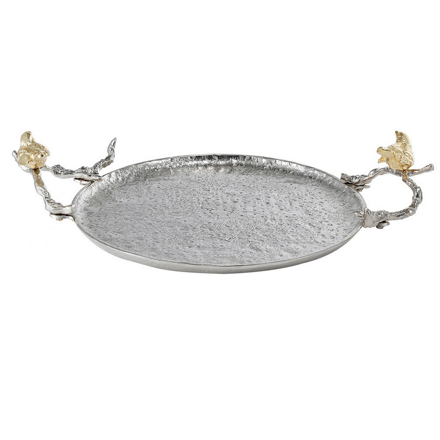 Benzara BM285902 19" Silver Metal Medium Decorative Trays with Perched Birds, Set of 2