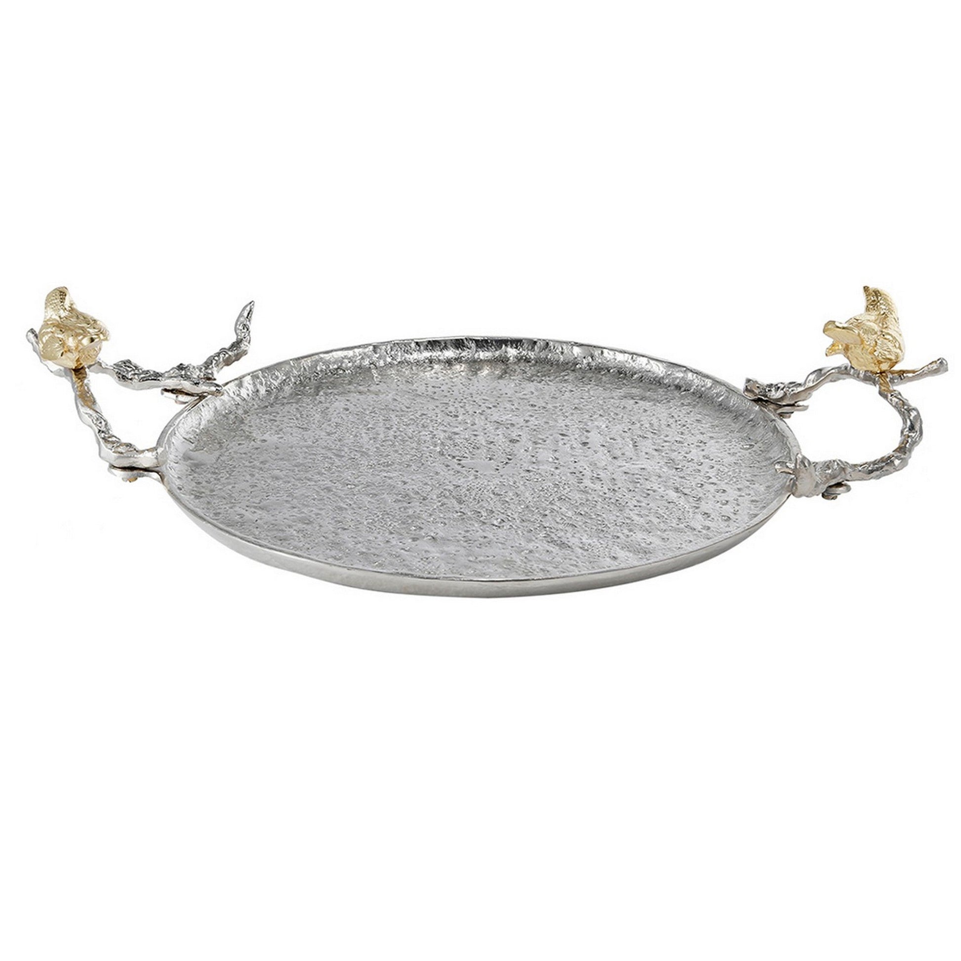 Benzara BM285902 19" Silver Metal Medium Decorative Trays with Perched Birds, Set of 2