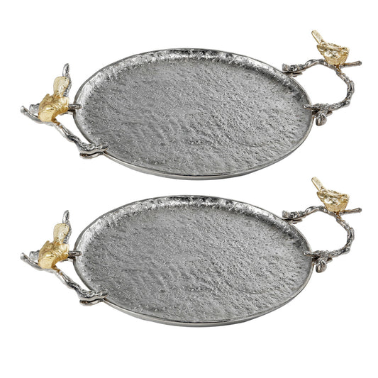 Benzara BM285902 19" Silver Metal Medium Decorative Trays with Perched Birds, Set of 2