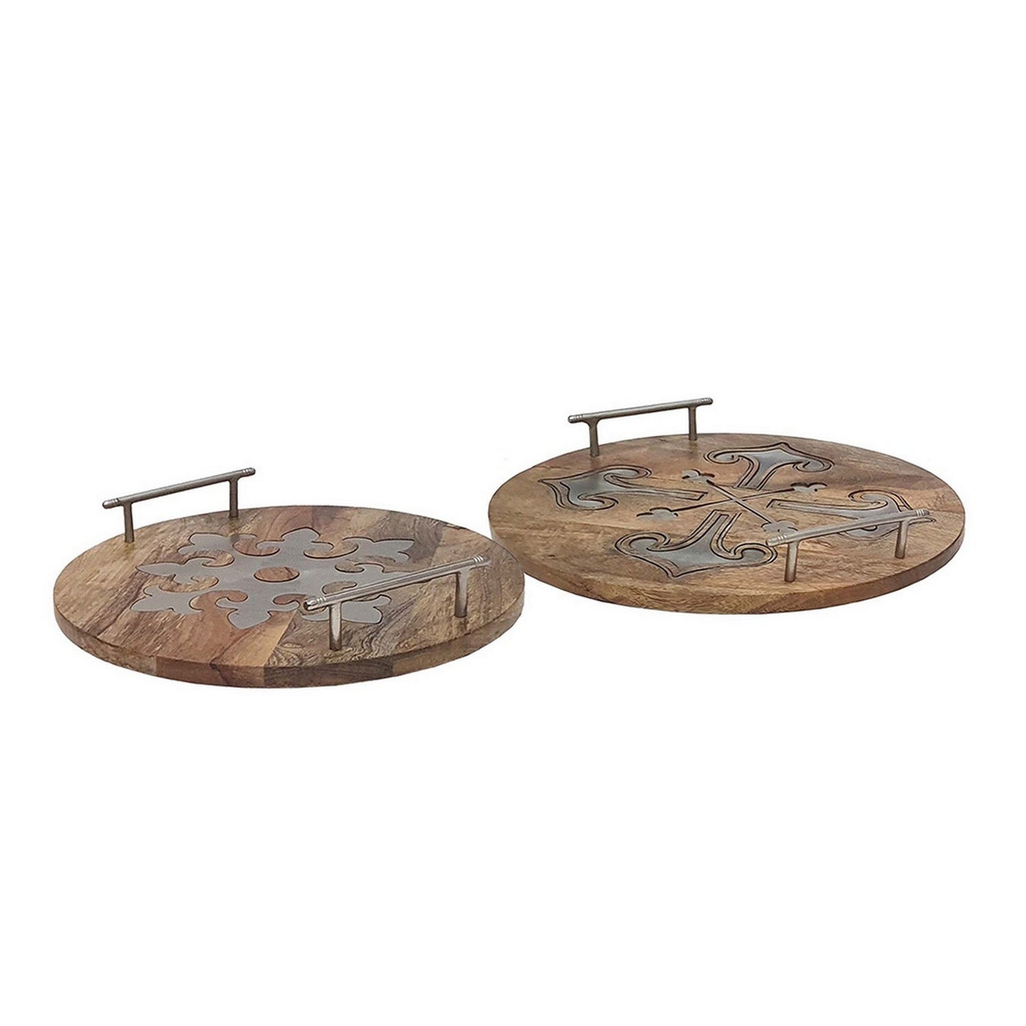 Benzara BM285913 16" and 14" Brown Mango Wood Decorative Trays With Artistic Design, Set of 2