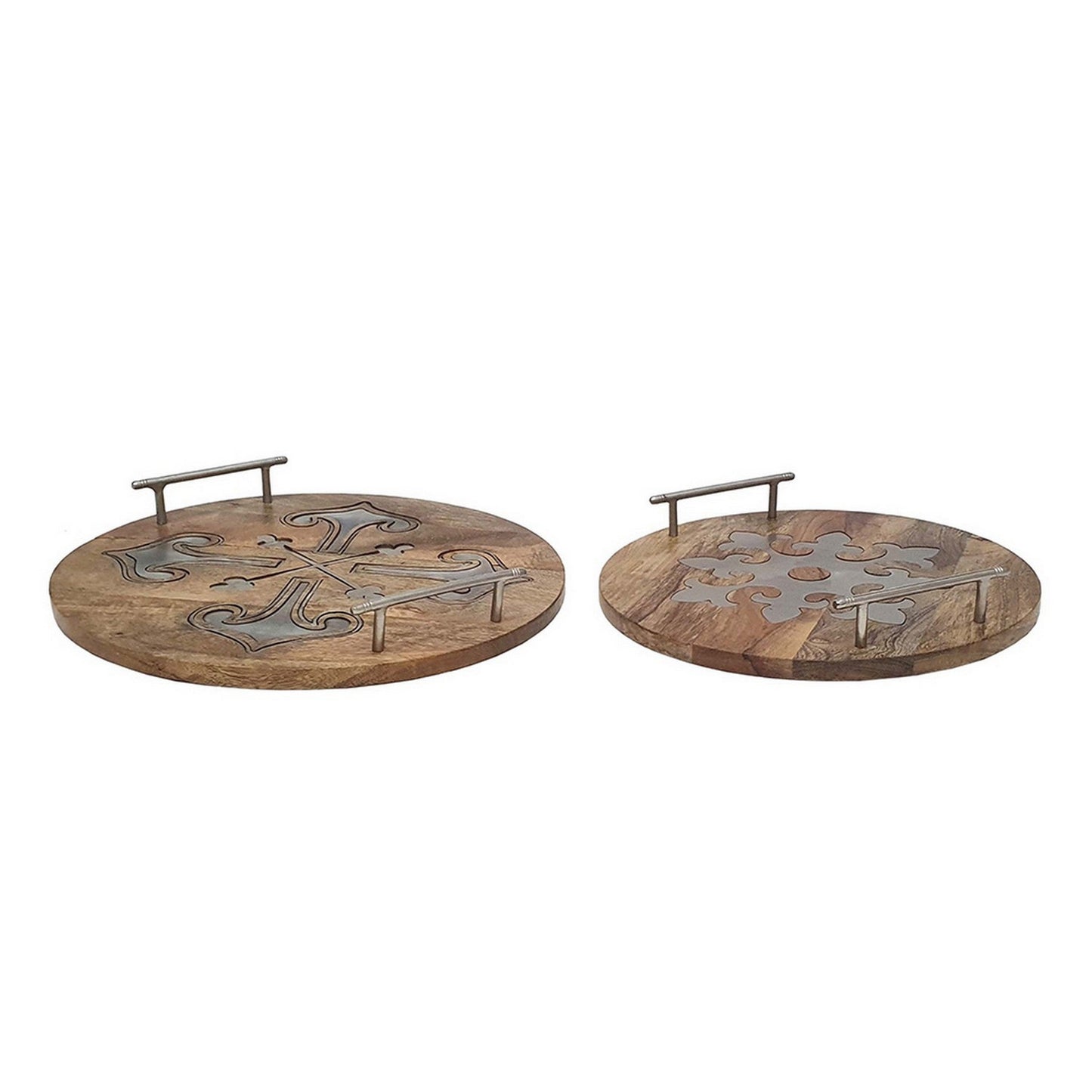 Benzara BM285913 16" and 14" Brown Mango Wood Decorative Trays With Artistic Design, Set of 2