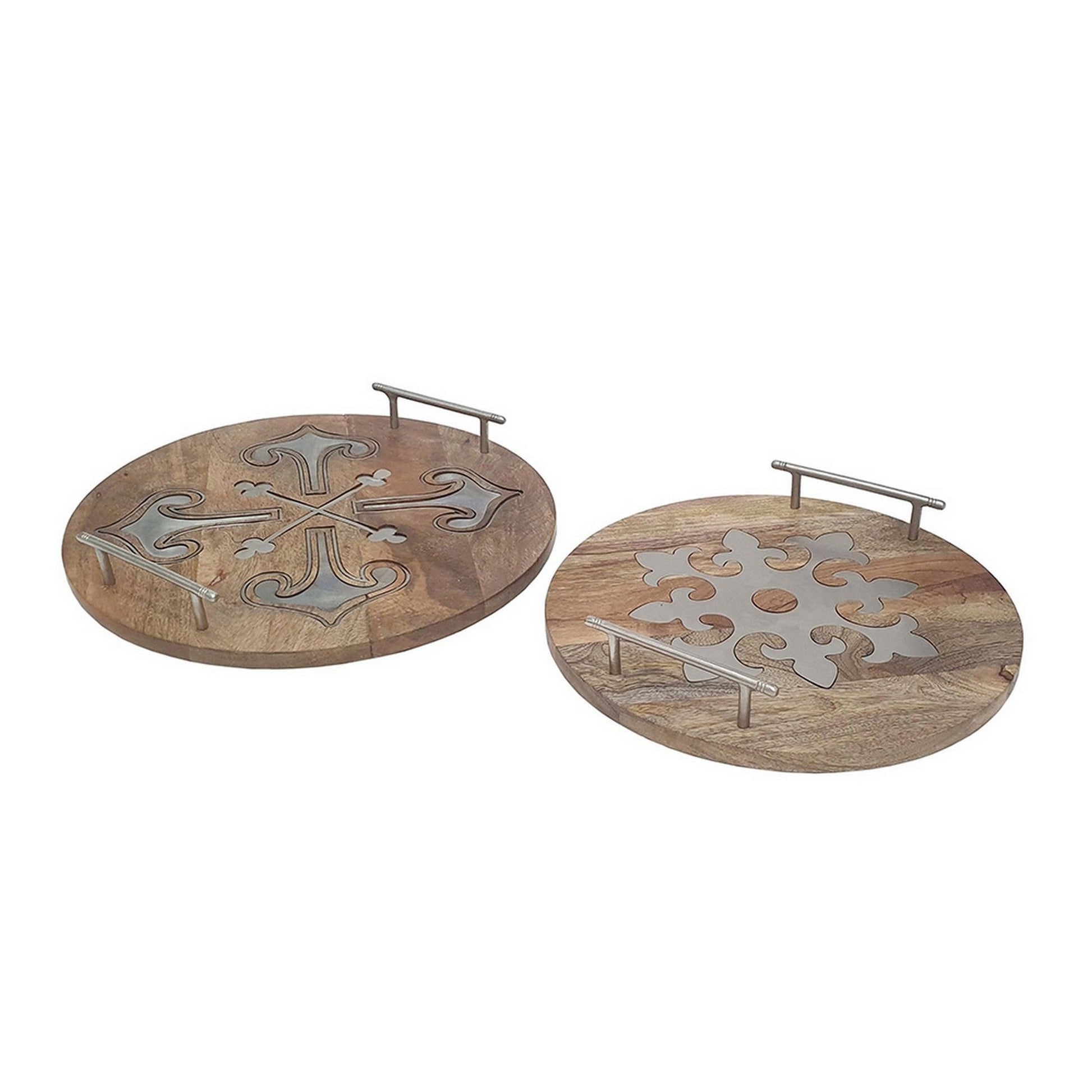 Benzara BM285913 16" and 14" Brown Mango Wood Decorative Trays With Artistic Design, Set of 2