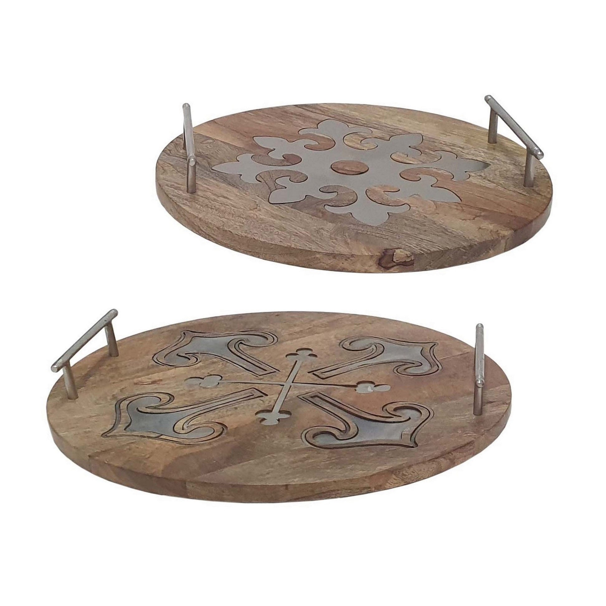 Benzara BM285913 16" and 14" Brown Mango Wood Decorative Trays With Artistic Design, Set of 2