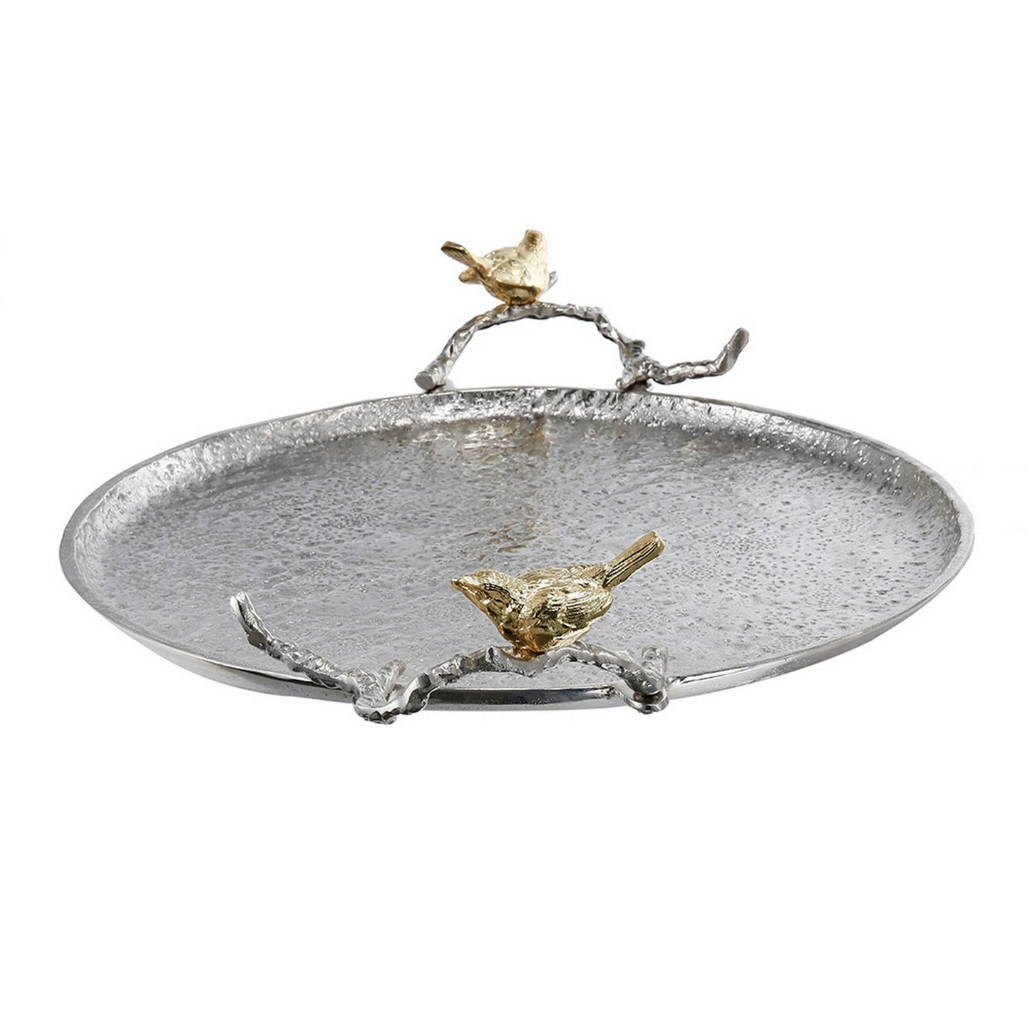 Benzara BM285923 21" Silver Metal Perched Birds Large Decorative Tray, Set of 2