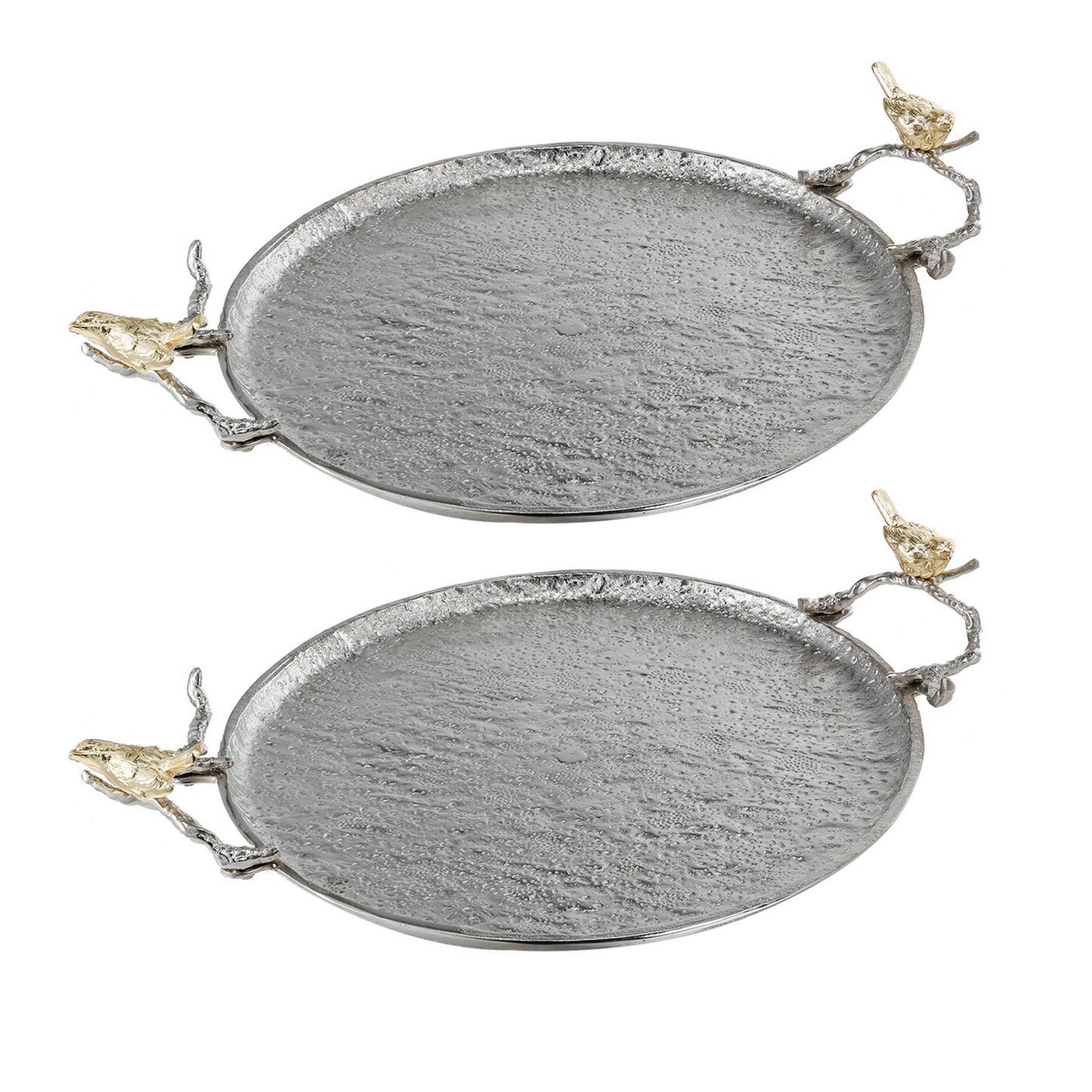 Benzara BM285923 21" Silver Metal Perched Birds Large Decorative Tray, Set of 2