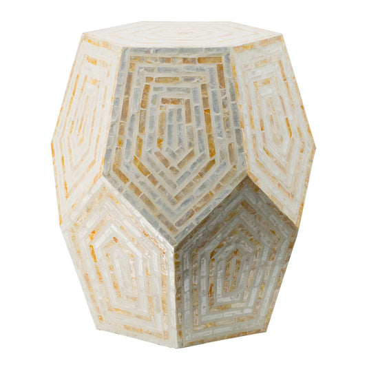 Benzara BM286117 21" Beige White Hexagonal Angled Capiz Accent Drum Stool Table