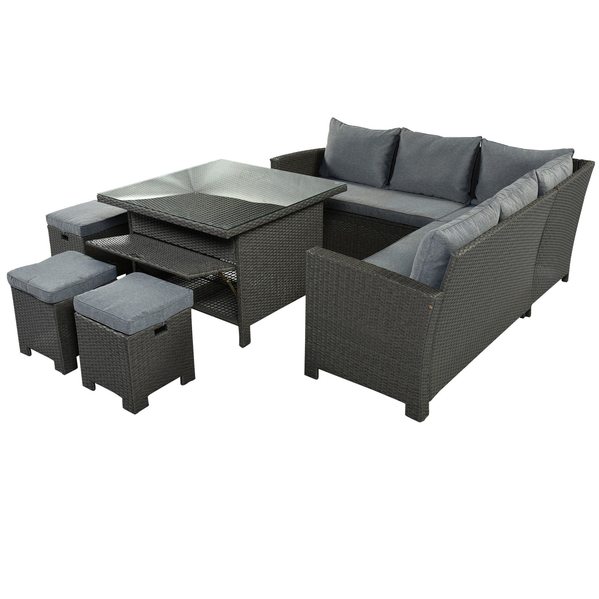 Benzara BM286159 Gus 8-Piece Patio Conversation Dining Set with Sturdy Steel Frame and Gray Fabric