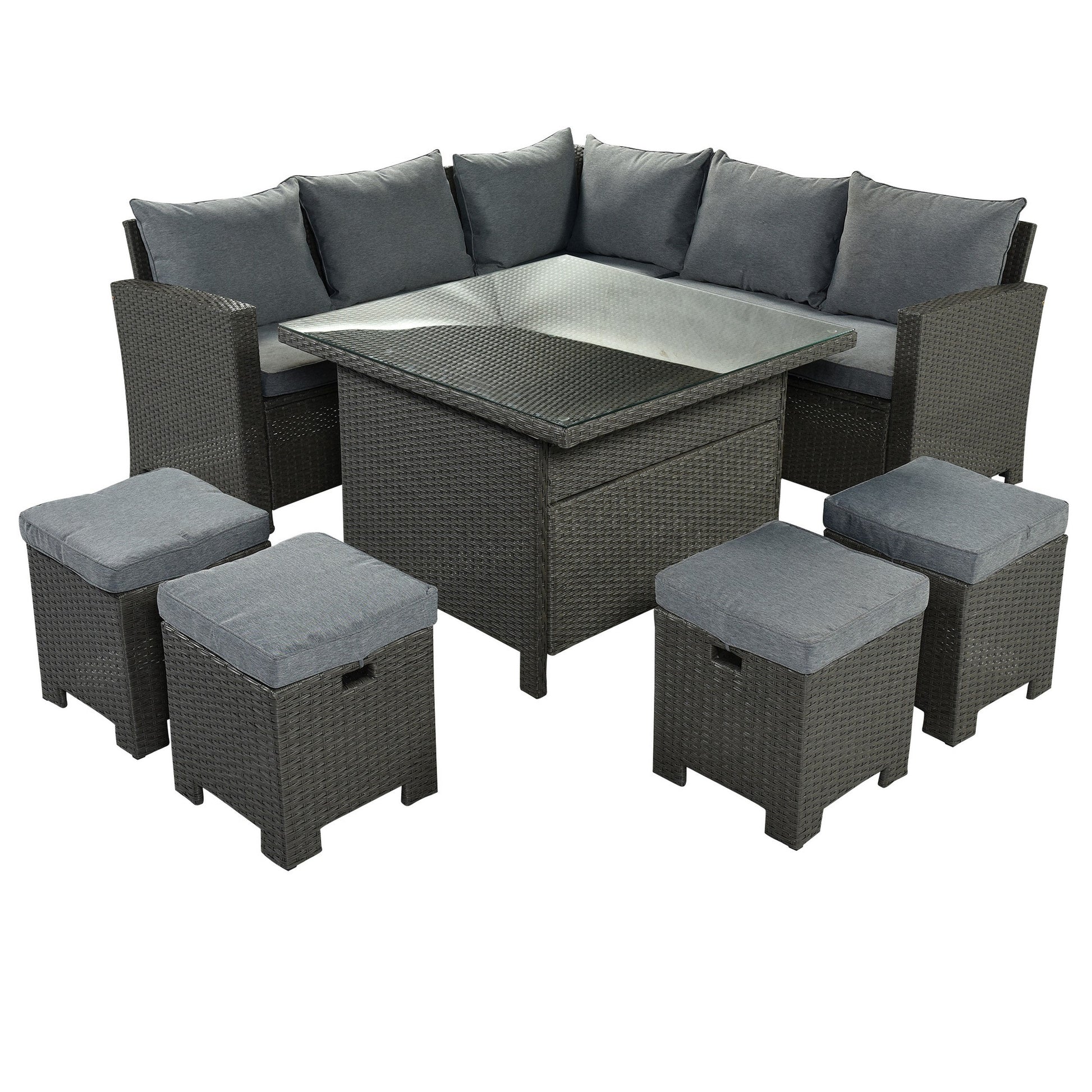 Benzara BM286159 Gus 8-Piece Patio Conversation Dining Set with Sturdy Steel Frame and Gray Fabric