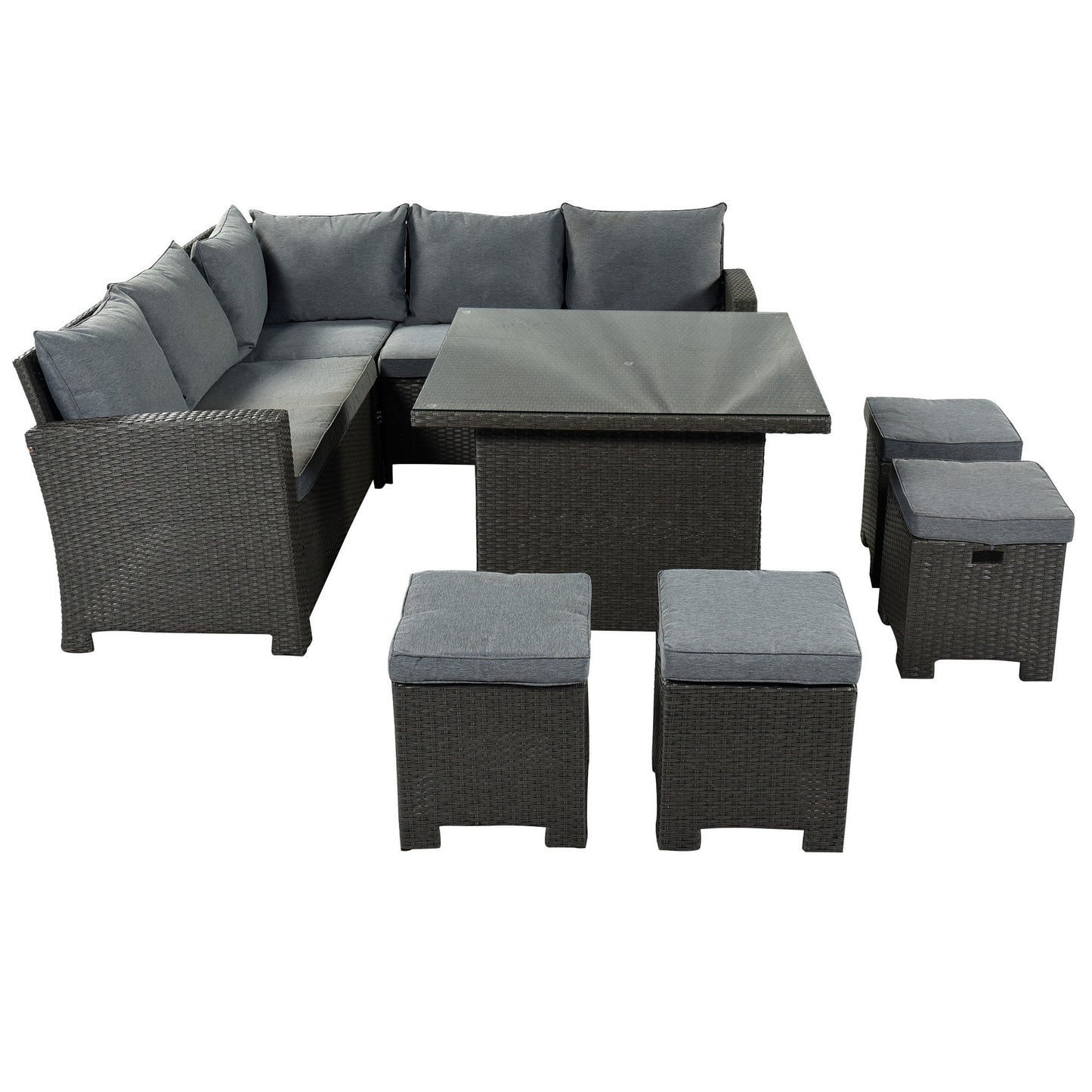 Benzara BM286159 Gus 8-Piece Patio Conversation Dining Set with Sturdy Steel Frame and Gray Fabric