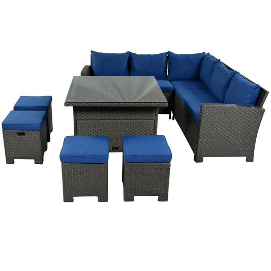 Benzara BM286160 Gus 8-Piece Patio Conversation Dining Set with Sturdy Steel Frame and Blue Fabric