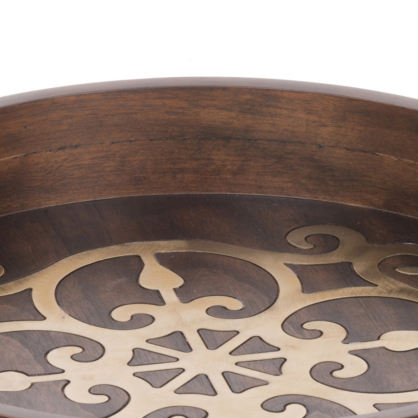 Benzara BM286369 18" Round Decorative Tray with Brass Inlaid Design and Brown Wood Frame