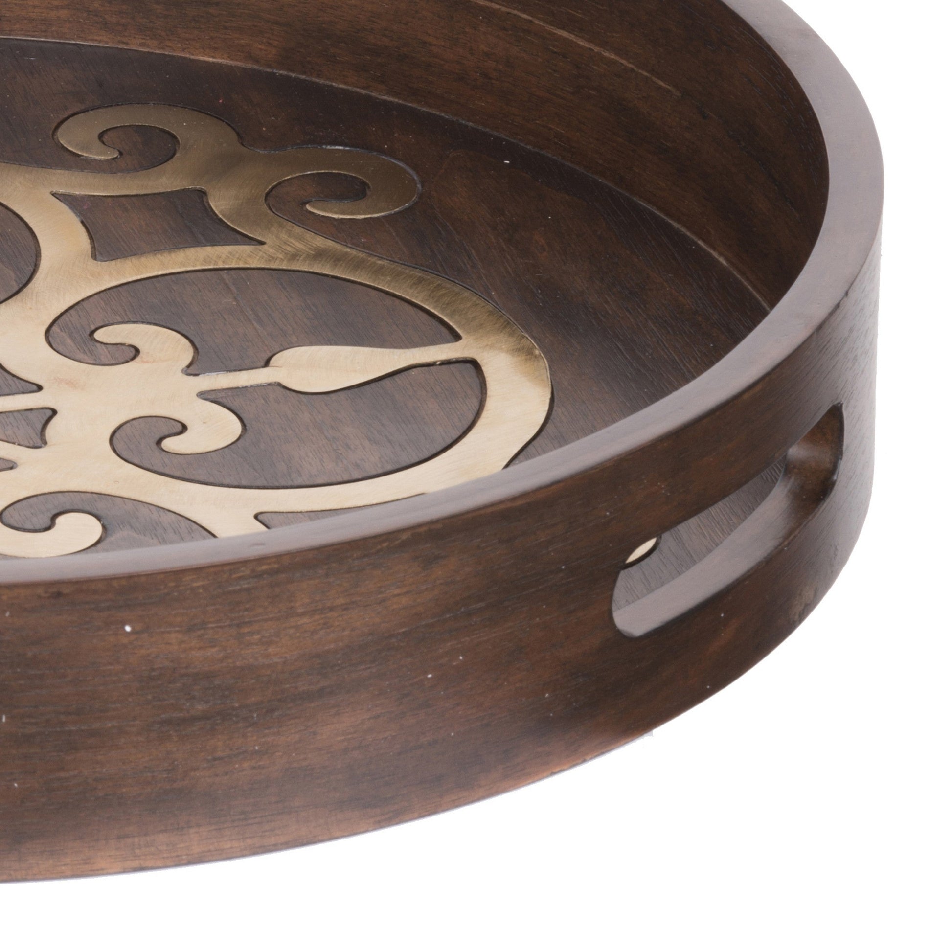 Benzara BM286369 18" Round Decorative Tray with Brass Inlaid Design and Brown Wood Frame