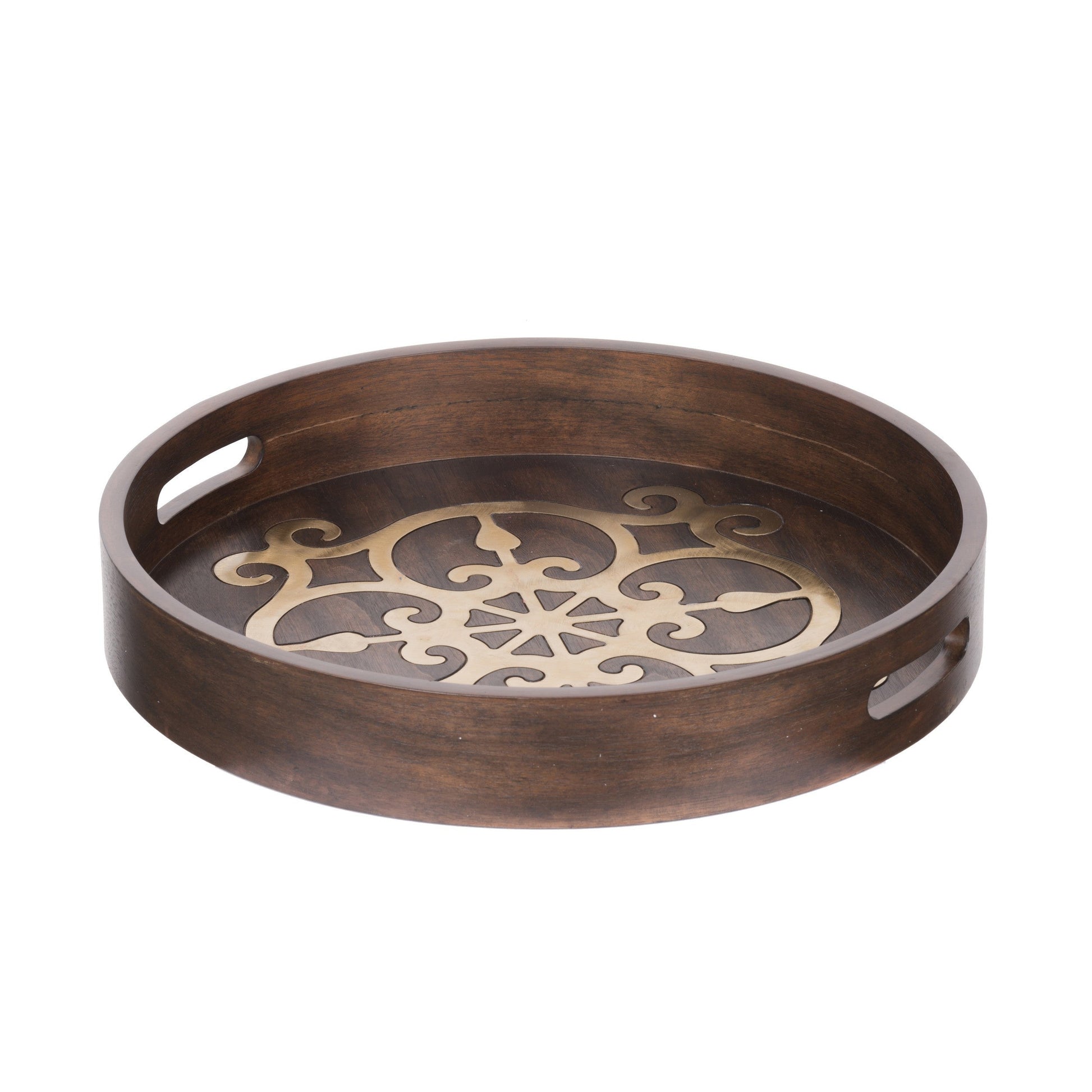 Benzara BM286369 18" Round Decorative Tray with Brass Inlaid Design and Brown Wood Frame