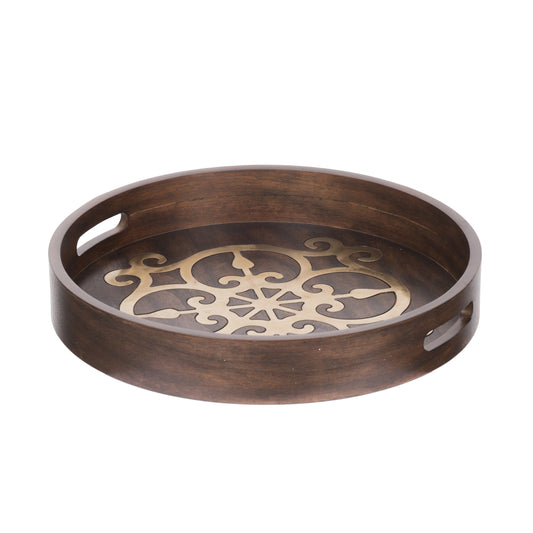 Benzara BM286369 18" Round Decorative Tray with Brass Inlaid Design and Brown Wood Frame