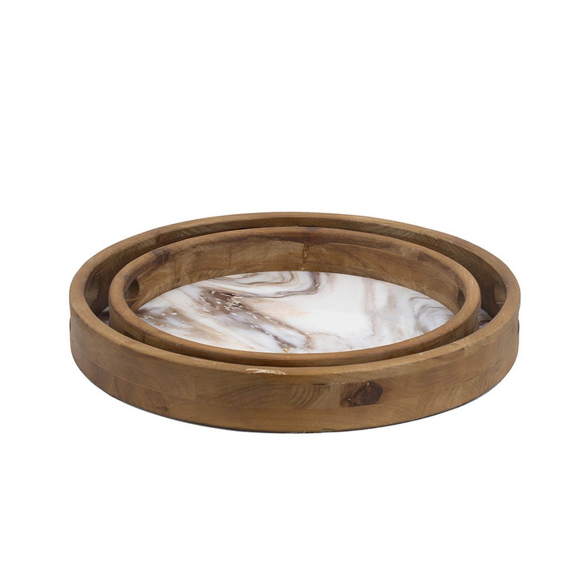 Benzara BM286373 18" and 15" Brown Fir Wood Frame Round Decorative Tray With Marble Effect