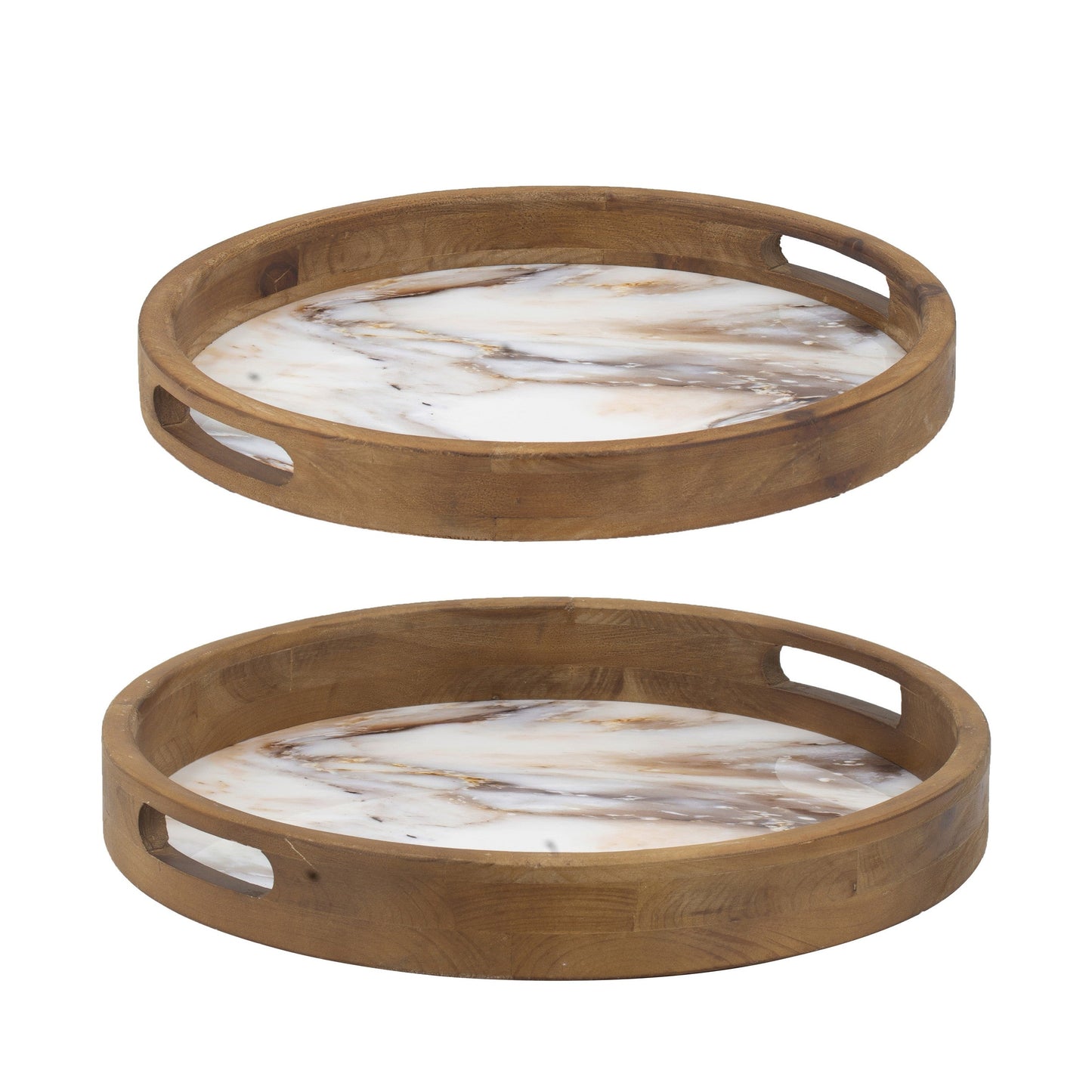 Benzara BM286373 18" and 15" Brown Fir Wood Frame Round Decorative Tray With Marble Effect