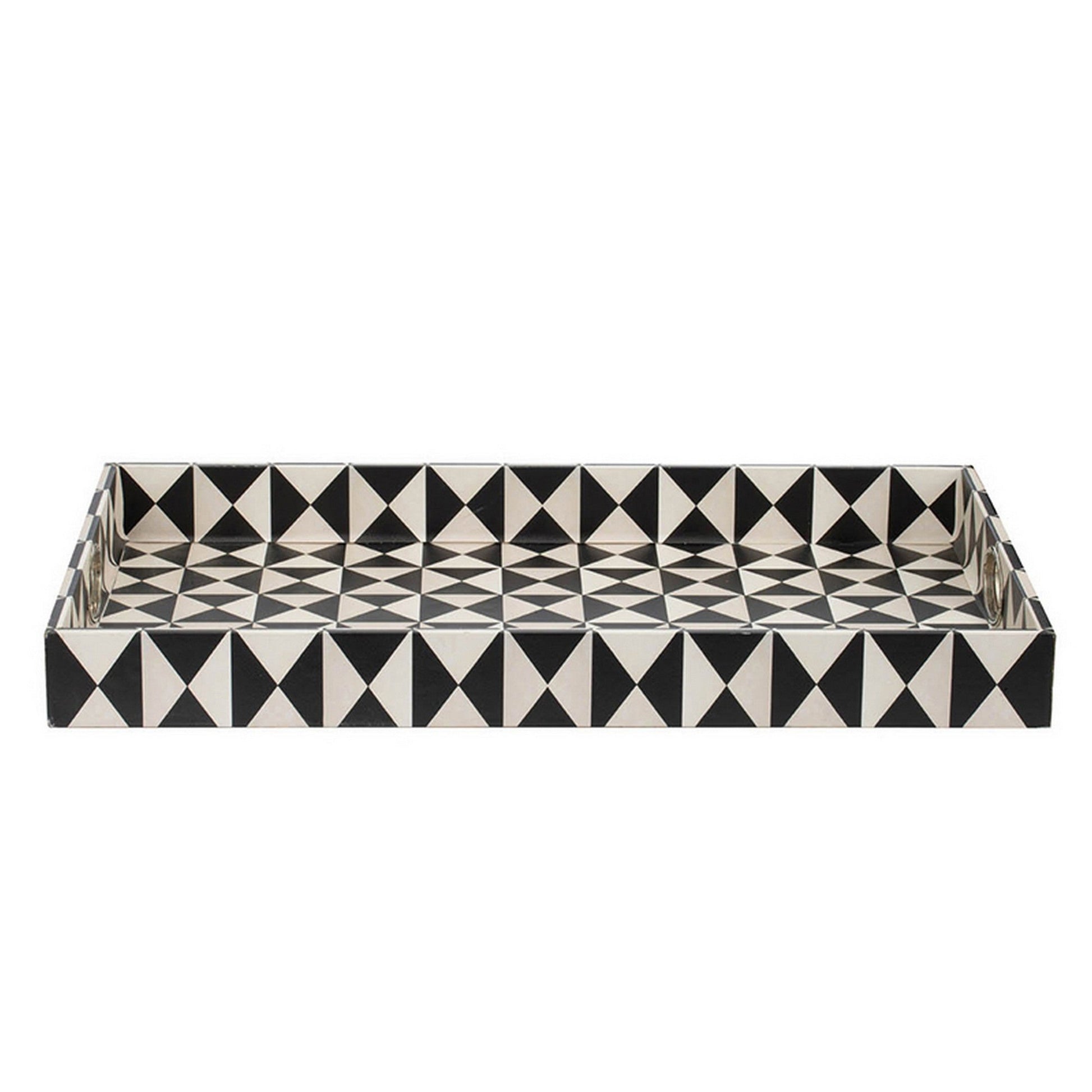 Benzara BM286374 25" Black and White Wood Decorative Trays with Art Deco Geometric Design, Set of 2