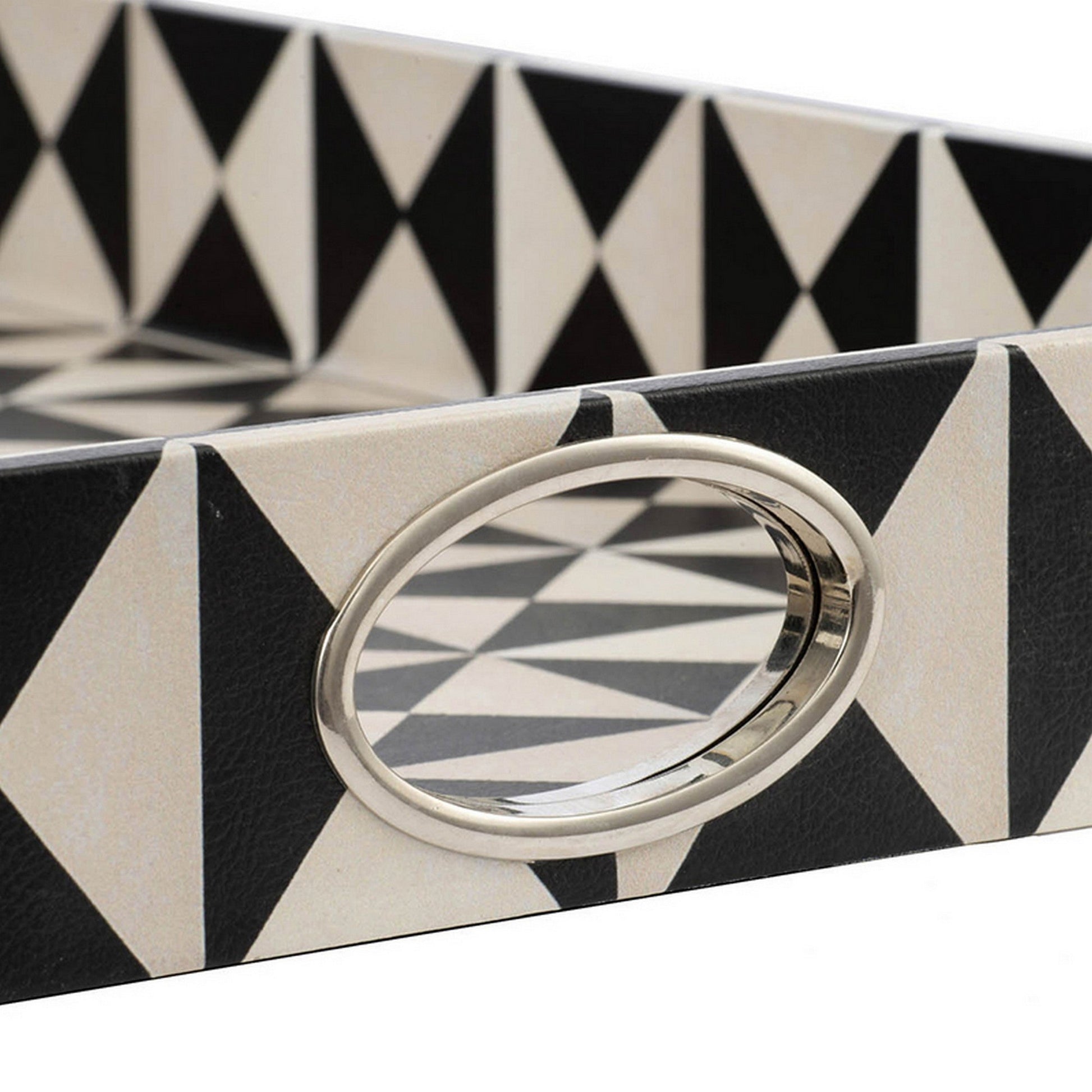 Benzara BM286374 25" Black and White Wood Decorative Trays with Art Deco Geometric Design, Set of 2