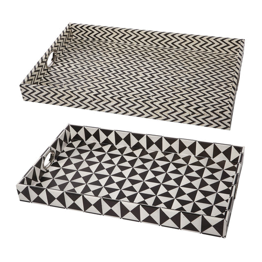 Benzara BM286374 25" Black and White Wood Decorative Trays with Art Deco Geometric Design, Set of 2