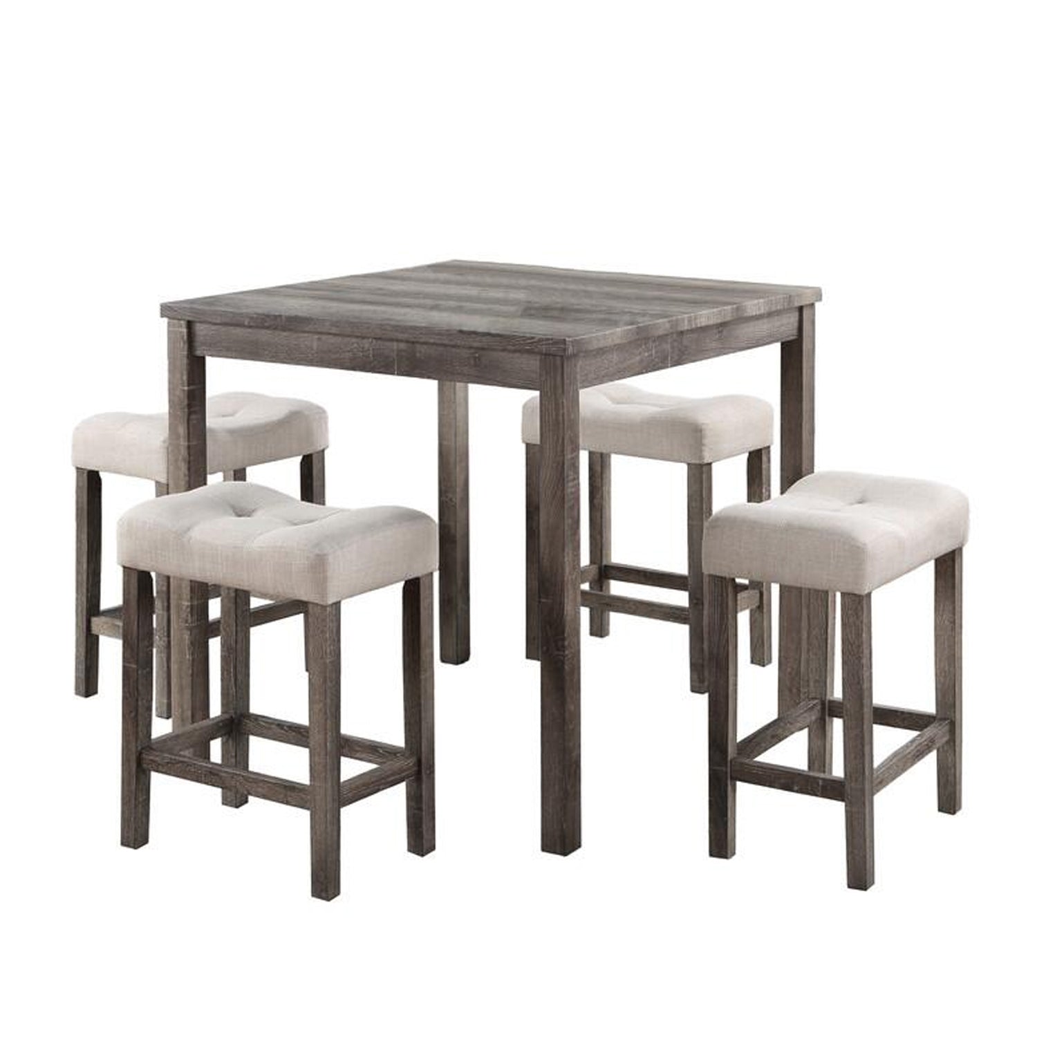 Benzara BM286644 Dana Brown and Beige 5-Piece Counter Height Table Set with Deep Tufted Stools, Set of 5