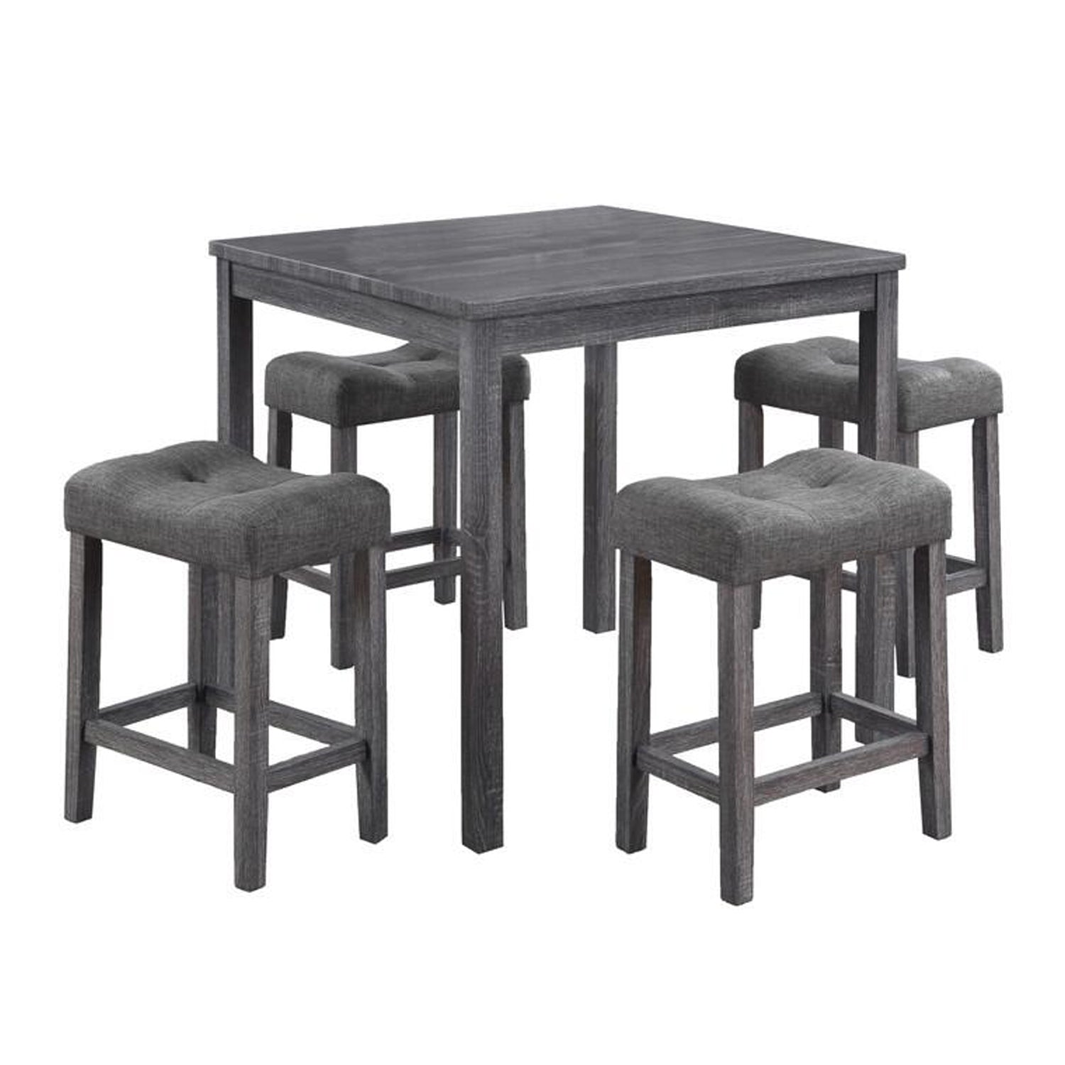 Benzara BM286670 Dana Smooth Gray 5-Piece Counter Height Table Set with Deep Tufted Stools, Set of 5