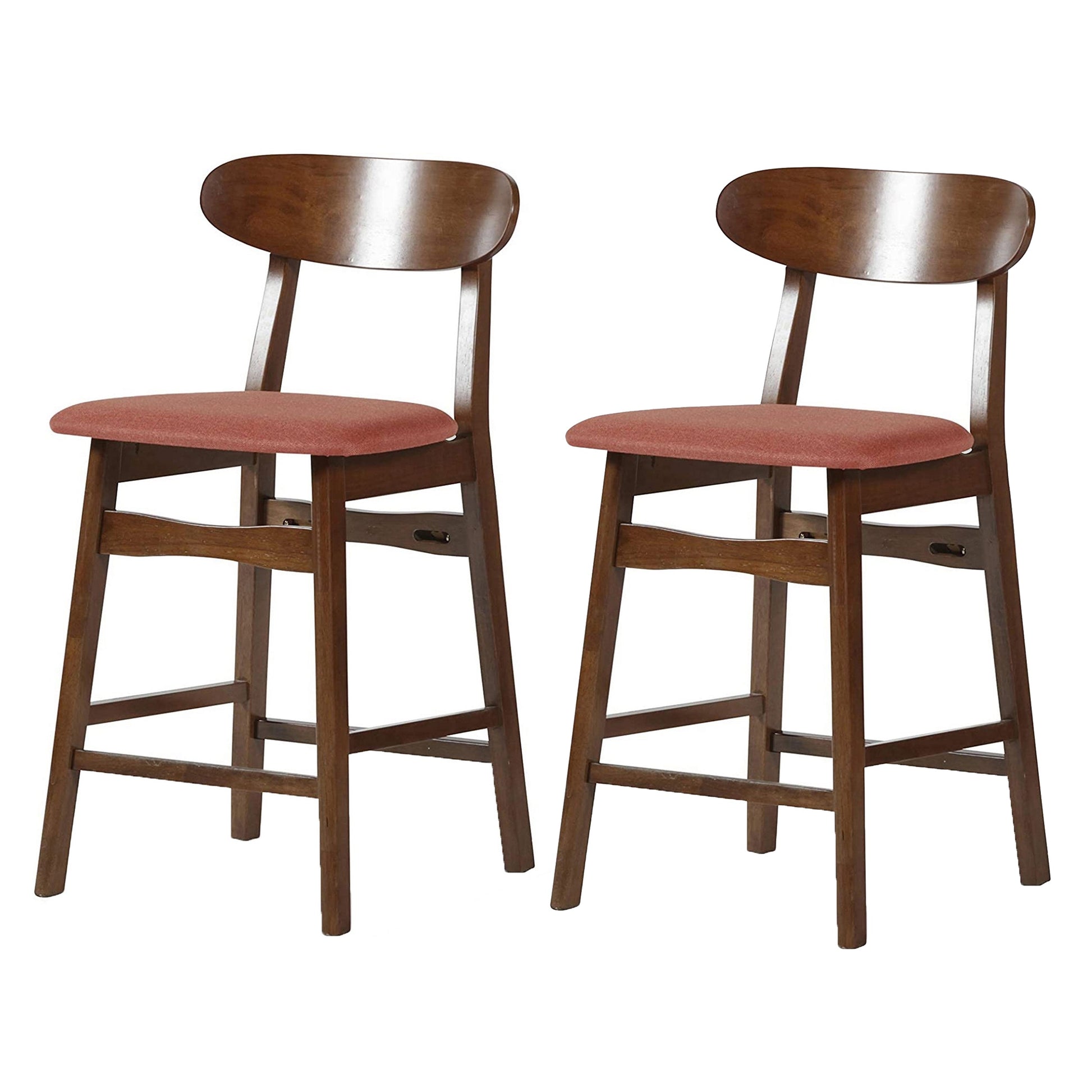 Benzara BM288015 Bev 24" Dark Brown Rubberwood Counter Stools With Orange Cushions, Set of 2