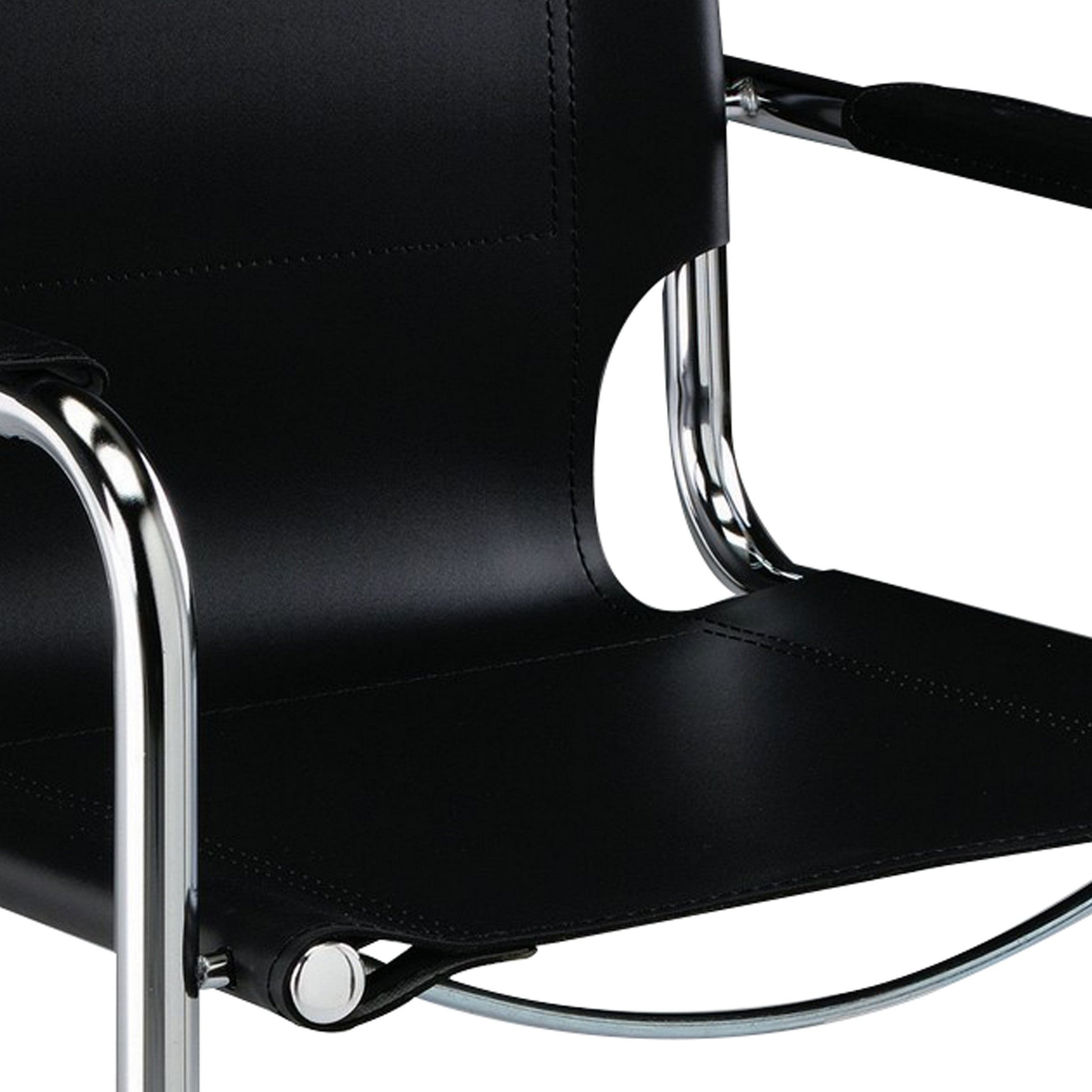 Benzara BM288126 21" Black Genuine Leather Modern Armchair With Chrome Finished Base