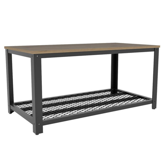 Benzara BM293670 Fin 37" Coffee Table with Brown Finished Tabletop and Black Mesh Design Shelf