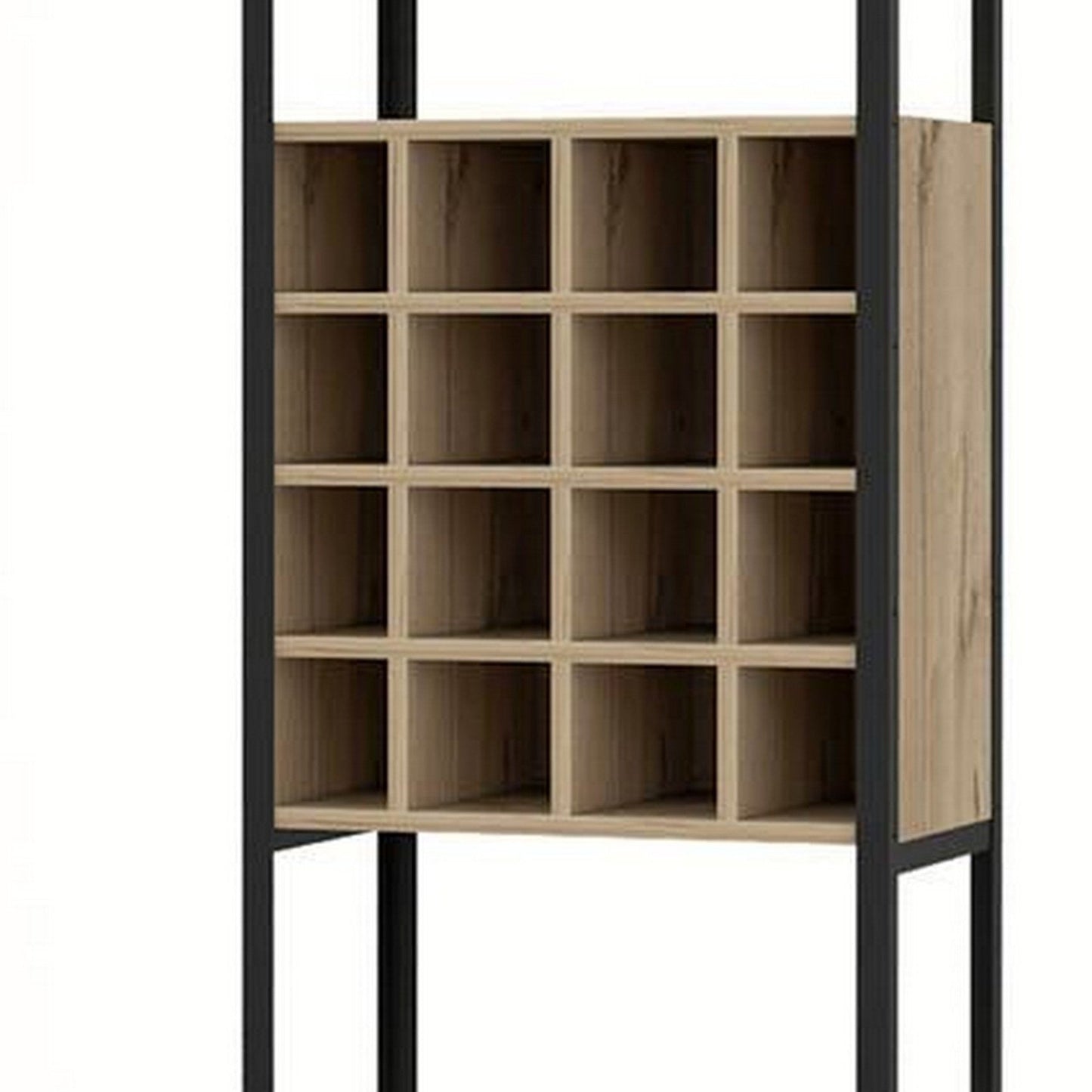 Benzara BM293716 Isa 71" Natural Brown Wood Standing Bar Cabinet With 16 Cubbies