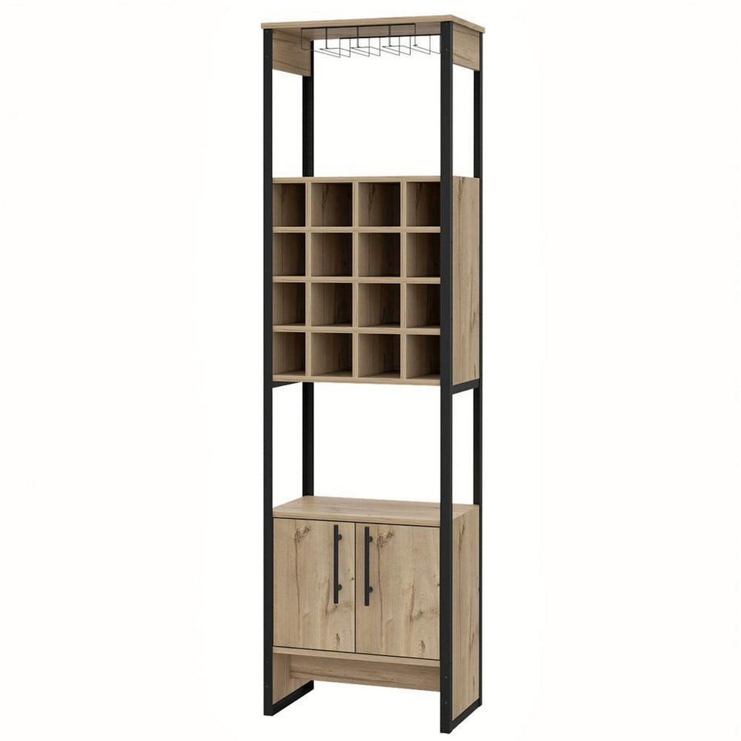 Benzara BM293716 Isa 71" Natural Brown Wood Standing Bar Cabinet With 16 Cubbies