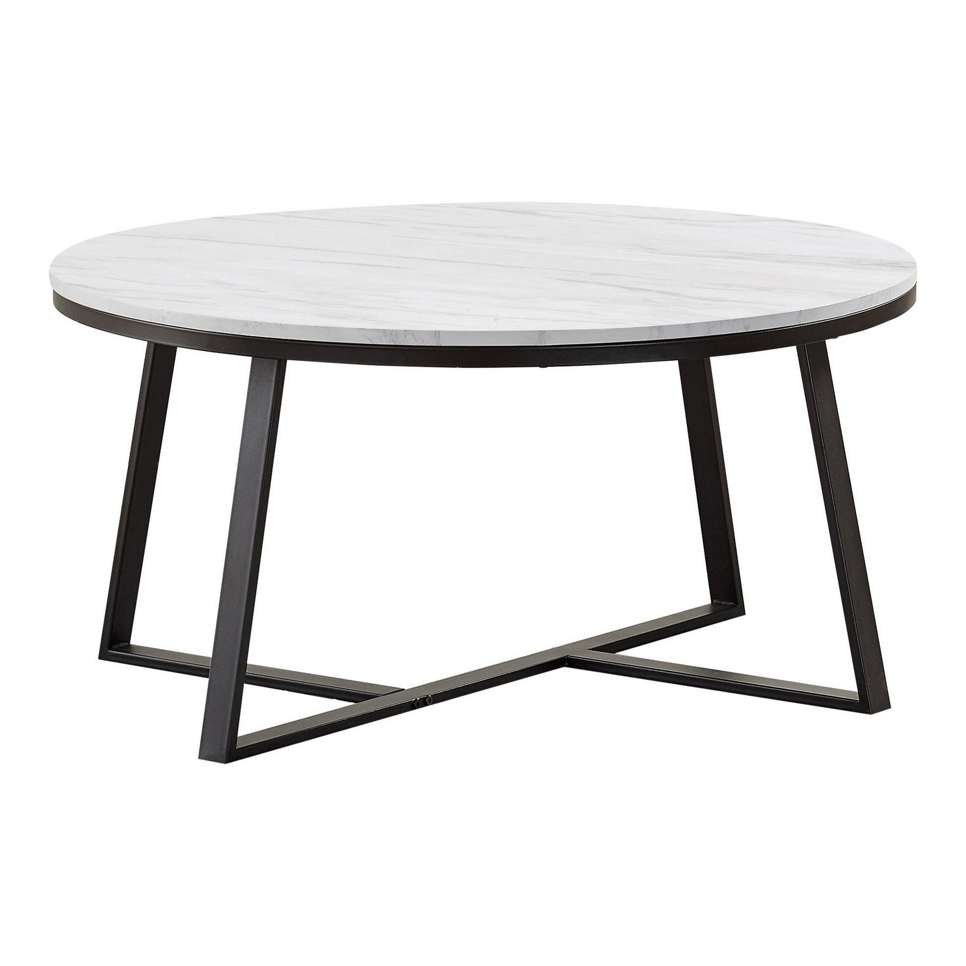 Benzara BM294165 36" White and Black Coffee Table With Faux Marble Tabletop and Sturdy Metal Base