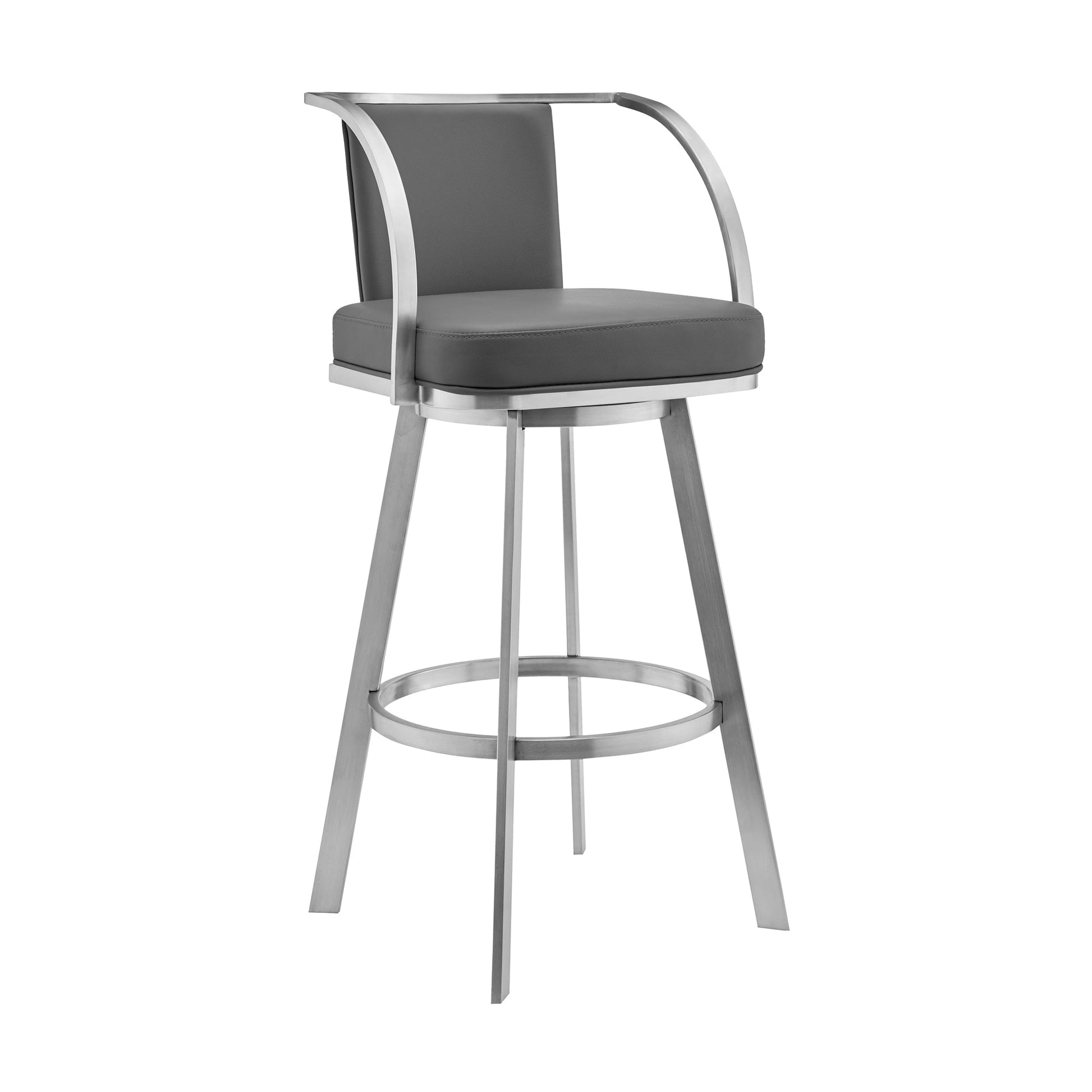 Benzara BM295455 Ovn 26" Gray Faux Leather Swivel Counter Stool With Stainless Steel Frame