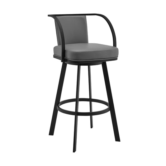 Benzara BM295457 Ovn 26" Black Steek Swivel Counter Stool, Curved With Gray Faux Leather