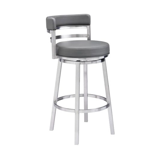 Benzara BM295470 Eva 26" Gray Faux Leather Padded Swivel Counter Stool Chair with Steel Base