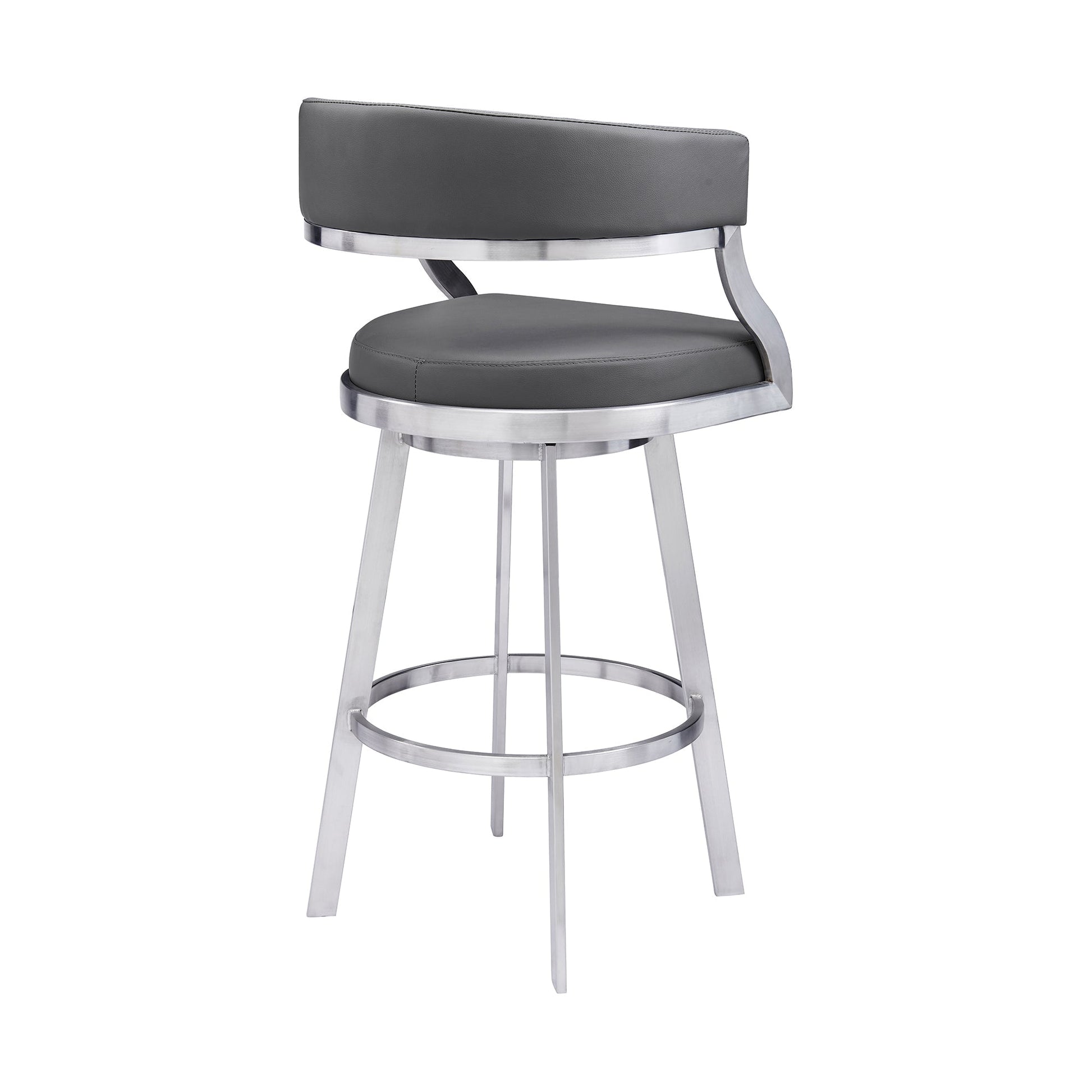 Benzara BM295480 Ava 26" Gray Faux Leather Swivel Counter Stool Chair, Open Back, Steel Frame