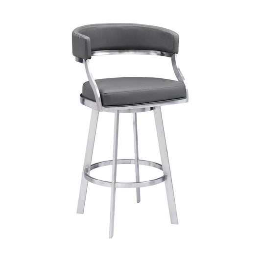 Benzara BM295480 Ava 26" Gray Faux Leather Swivel Counter Stool Chair, Open Back, Steel Frame