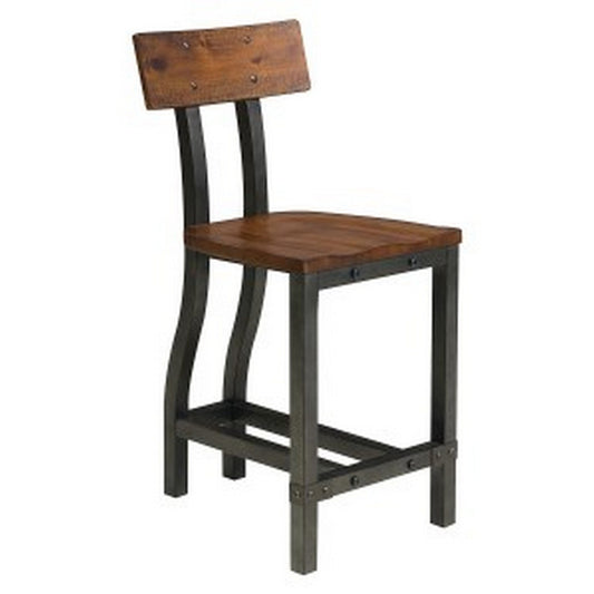 Benzara BM295870 Fanny 24" Rustic Brown Counter Stool Chair with Plank Back and Faux Rivets