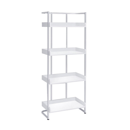 Benzara BM296083 68" Chrome Steel Frame Modern Bookcase with 4 Glossy White Tray Shelves