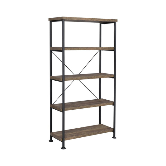 Benzara BM296113 63" Black Metal Frame Bookcase with Oak Wood Storage Display Shelves