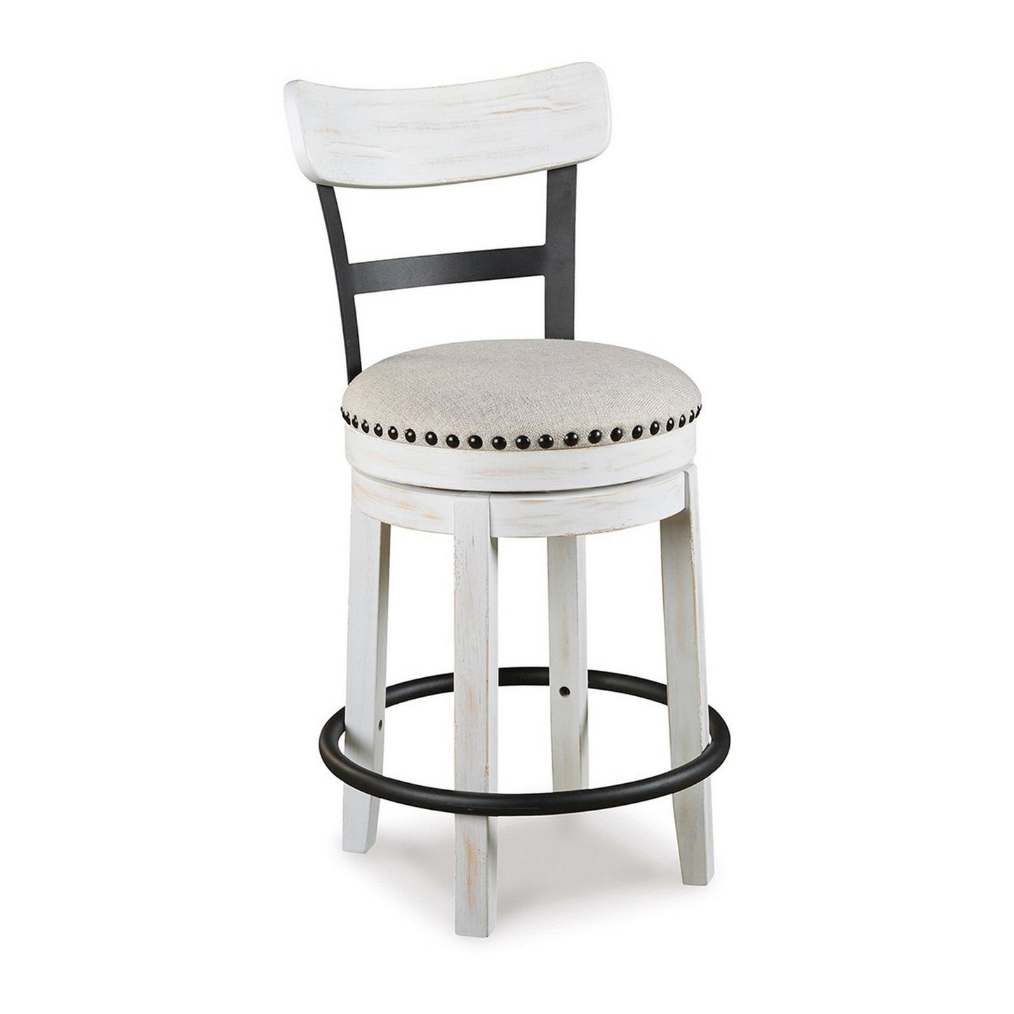 Benzara BM296616 Zane 25" White Wood Swivel Counter Height Stool with Round Cushioned Seat