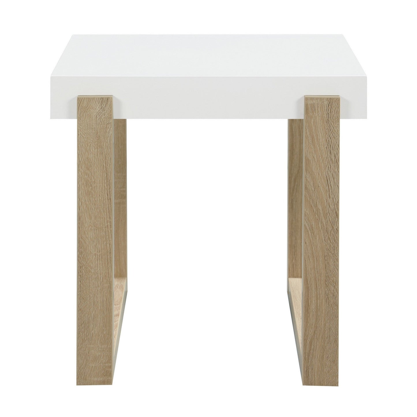 Benzara BM296636 Dot 22" Square End Table with White High Gloss Tabletop and Brown Sled Base