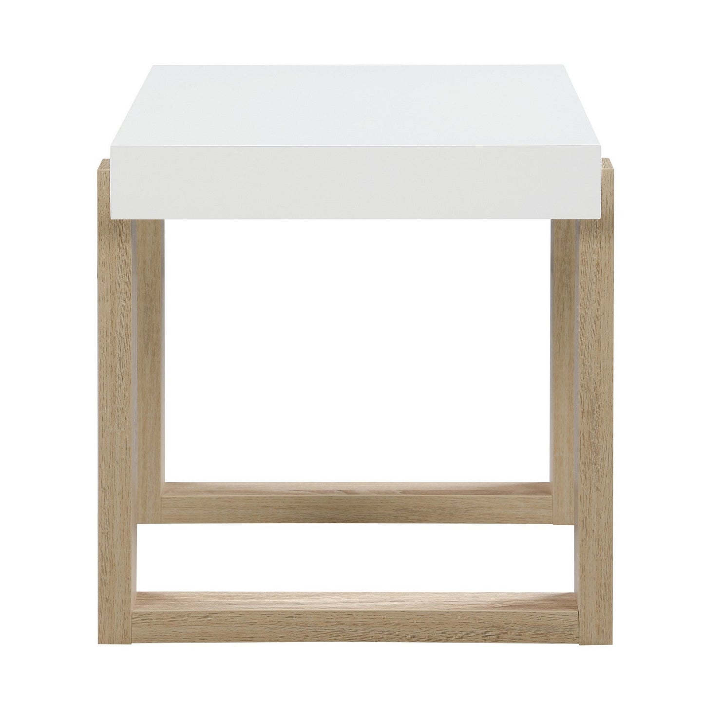 Benzara BM296636 Dot 22" Square End Table with White High Gloss Tabletop and Brown Sled Base