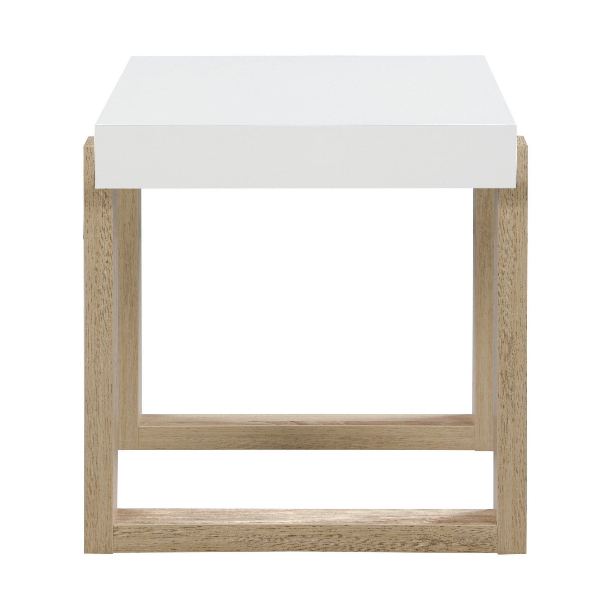 Benzara BM296636 Dot 22" Square End Table with White High Gloss Tabletop and Brown Sled Base