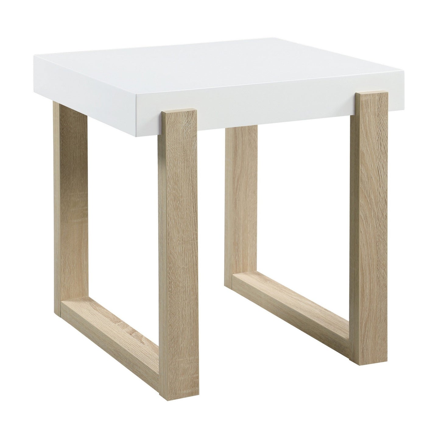 Benzara BM296636 Dot 22" Square End Table with White High Gloss Tabletop and Brown Sled Base