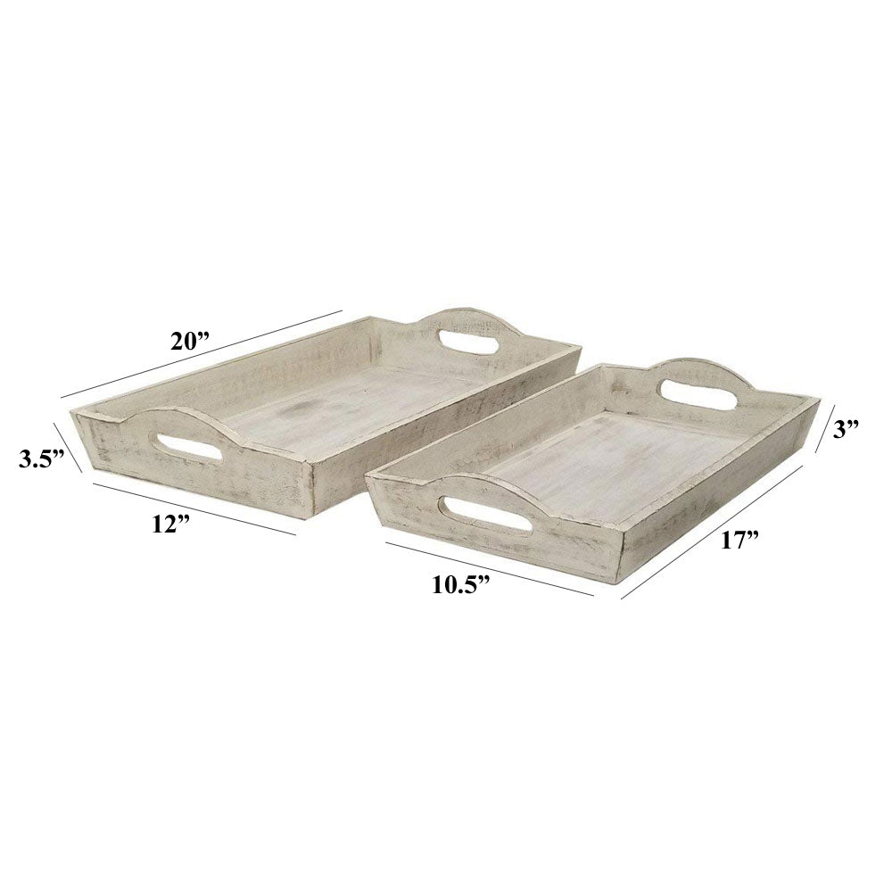 Benzara BM46891 White Benzara Distressed Wooden Serving Trays With Handles, Set of 2