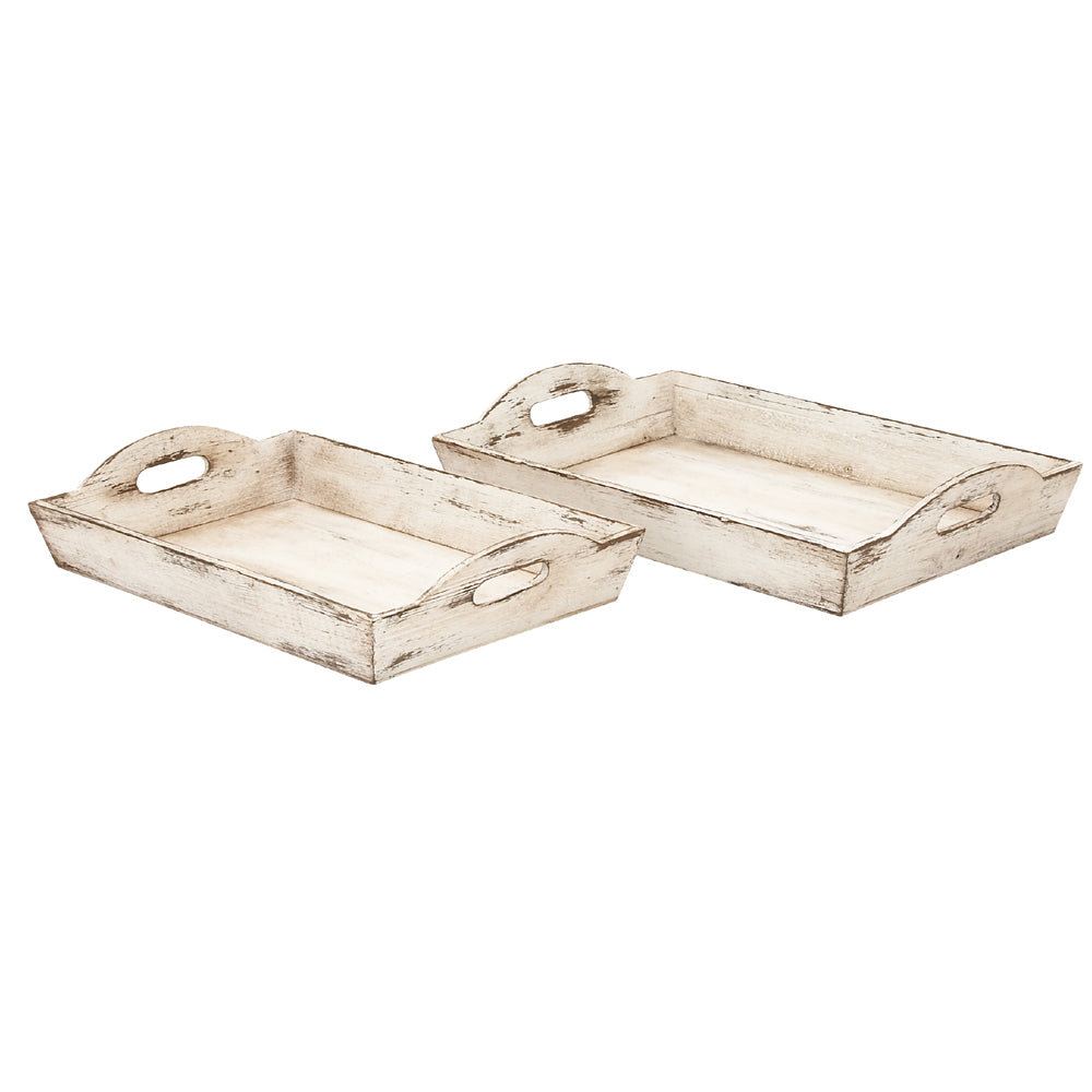 Benzara BM46891 White Benzara Distressed Wooden Serving Trays With Handles, Set of 2