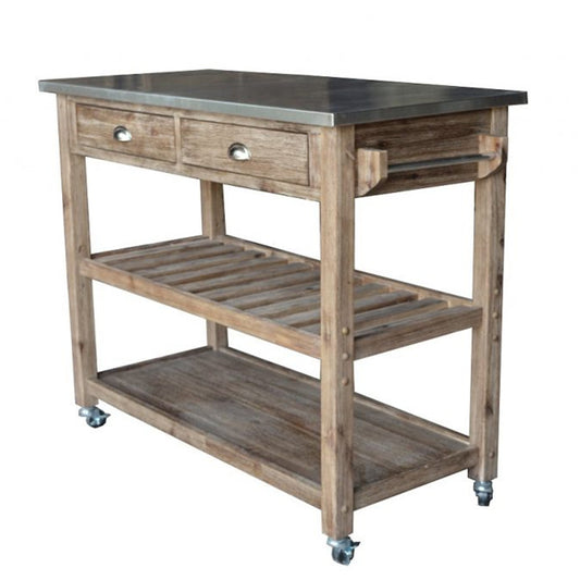 Benzara BM61463 Brown and Gray 2-Drawers Wooden Frame Kitchen Cart With Metal Top and Casters