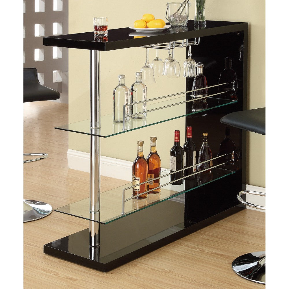 Benzara BM68940 Black Enticing Rectangular Bar Unit With 2 Shelves and Wine Holder