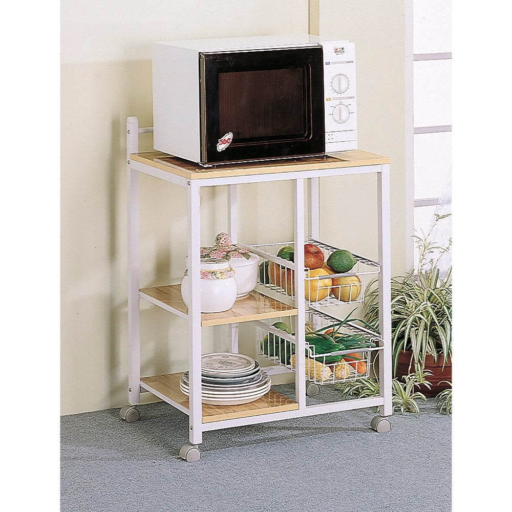 Benzara BM69270 Kitchen Cart With 3 Shelves & 2 Storage Compartments, Brown And White